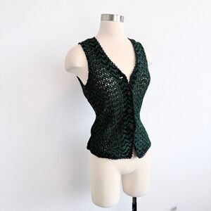 Vintage Wrapper Black Green Crochet Vest Tuxedo Small Boho Daisy